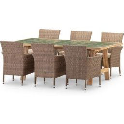 Defora Home Conjunto mesa cerámica verde 205x105 + 6 sillas ratán sintético