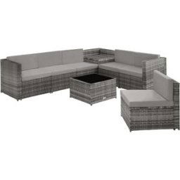 Tectake Conjunto de ratán para 6 personas, con caja de almacenaje, gris