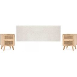 Decowood Pack cabecero tapizado liso + 2 mesitas de madera beige 180x60cm