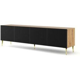 AKL FURNITURE Mueble para TV efecto madera Crema & Negro y Dorado LED