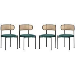 Urban Meuble Juego de 4 sillas con respaldo de ratán y asiento de terciopelo verde.