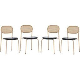 Urban Meuble Juego de 4 sillas de ratán y pu negro con patas efecto madera.