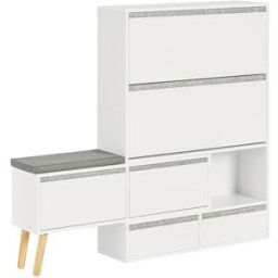 SoBuy Banco zapatero con 2 solapas, 2 cajones y banco móvil madera blanco