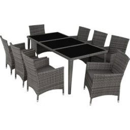 Tectake Set de ratán para 8 personas, sillas, cojines, mesa y fundas, gris