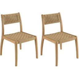 MACABANE Set de 2 sillas de jardín de madera de teca y ratán sintético beige