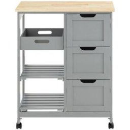 SoBuy Carro de cocina con 3 cajones y 1 bandeja extraíble madera gris