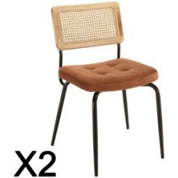 MACABANE Set de 2 sillas de metal negro, terciopelo naranja y respaldo de ratán