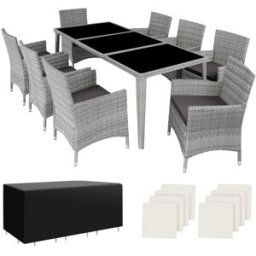 Tectake Set de ratán de 8 personas, sillas, cojines, mesa y fundas, gris claro
