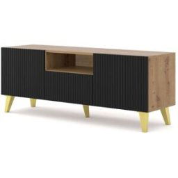 AKL FURNITURE Mueble para TV efecto madera Crema & Negro y Dorado LED