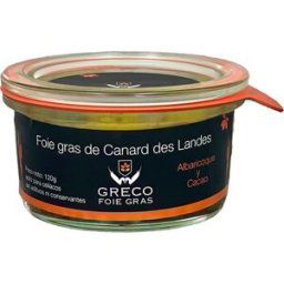 Greco Foie gras de pato mi cuit con albaricoque y cacao .
