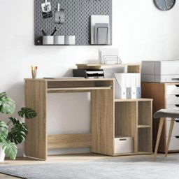 Escritorio Magali 2 en 1, MDF blanco, bandeja deslizable, 3 compartimentos abiertos, diseño reversible