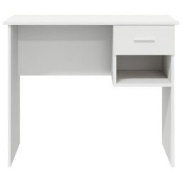 Escritorio Fang blanco con cajón integrado y estantería lateral, compacto y resistente