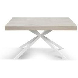 Konte.Design Mesa de madera, acabado olmo perla, base x blanca, extensible 140x90