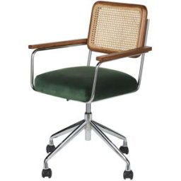 Maisons du Monde Silla de escritorio con ruedas ajustable en altura de terciopelo verde y ratán