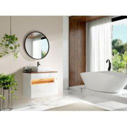Unique Mueble de baño flotante con luces LED y lavabo sobre encimera - Blanco y natural oscuro - Ancho 80 cm - POZEGA