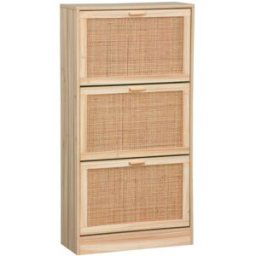 sweeek Mueble zapatero de 3 puertas con decoración de caña y madera, natural