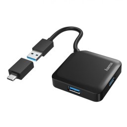 Hama Hub 4 Puertos USB 3.2 Negro + Adaptador USB-C