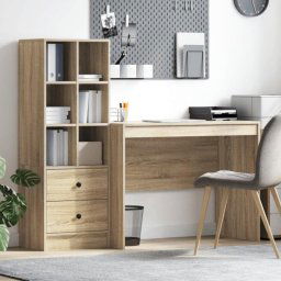 Escritorio Monstera compacto blanco mate con estantería reversible, 6 compartimentos y 2 cajones