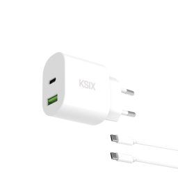Ksix Cargador De Red 30w, Power Delivery, Carga Ultrarrápida, Gan, Usb-c + Usb-a, Cable Usb-c A Usb-c 1 M, Blanco