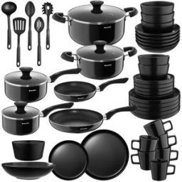 Tectake Set de inicio cocina, 45 piezas, 6 personas, apto lavavajillas, negro