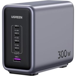 Estación de carga UGREEN Nexode 90903B 300W GaN 5 puertos USB-C/A cable 2 m gris