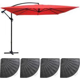 Oviala Sombrilla colgante inclinable (3 x 3 m) y 4 losas lastradas rojo
