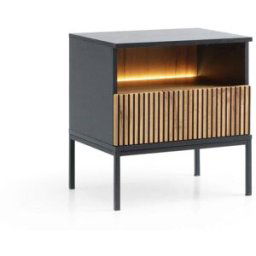 That's Write Mesita de noche con 1 cajón y led integrado negro y roble 54x56 cm