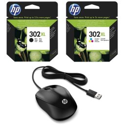 HP Pack 302XL Cartuchos Tinta Alta Capacidad Originales Negro/Tricolor + HP 1000 Ratón USB Negro