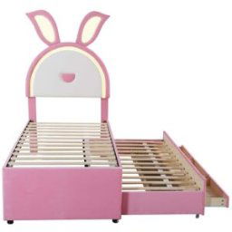 MODFU Cama infantil en polipiel rosa 90x200 cm con cama nido y 3 cajones