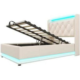 MODFU Cama alta de pu blanca de 90 x 200 cm con luces led
