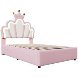 MODFU Cama infantil de cuero rosa con canapé de 90 x 200 cm y luces led