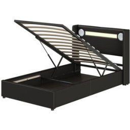 MODFU Cama alta acolchada negra con canapé de 90 x 200 cm y luces led