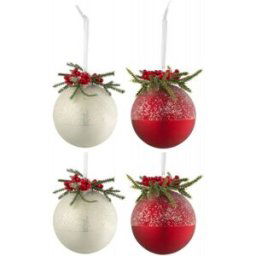 J-line Caja de 4 bolas de Navidad de vidrio blanco - rojo 10x10x10 cm