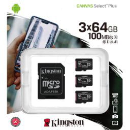 KINGSTON SDCS2/64GB-3P1A - Tarjeta de memoria microSDXC de 64 GB, Canvas Select Plus, paque
