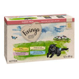 Feringa Classic Meat Menu Kitten en bolsitas 24 x 85 g - Pack Ahorro - Pack mixto 2: Ave, Pavo y conejo, Poloo y trucha, Salmón y pavo