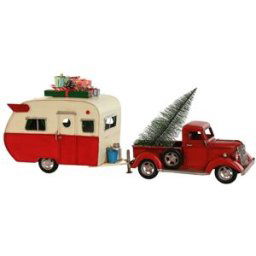 Fijalo Vehiculo caravana y arbol navidad metal rojo 73x19x28,5cm
