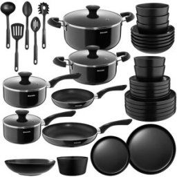 Tectake Set de inicio cocina, 39 piezas, 6 personas, apto lavavajillas, negro