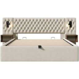 Urban Meuble Juego de cama box de terciopelo beige con 2 mesitas de noche