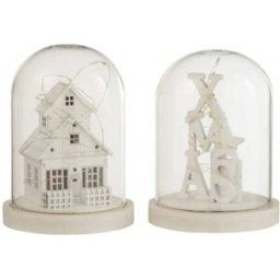 J-line Campana invierno led madera/cristal blanco surtido de 4 Alt. 17 cm