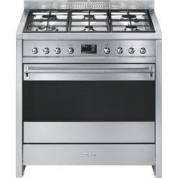 SMEG Cocina compacta 90 cm, placa de gas 6 quemadores, horno y cajón - A1-9. Acero Inox