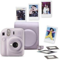 Fujifilm Kit de Cámara instantánea instax mini 12 con funda, carga 10 fotos y 50 adhesivos de doble cara. Lila