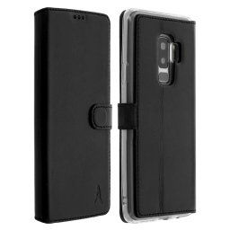 Akashi Funda Cartera de Piel Auténtica Negra para Samsung Galaxy S9 Plus