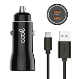 Cool Cargador Coche 2x USB 2.4A Con Cable USB-C Negro