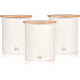 Swan Nordic Juego de 3 Botes Cocina Almacenaje de Acero al Carbono Resistente, Tapa de Bambú, Para Guardar Té, Café y Azúcar, Diseño Moderno, Blanco