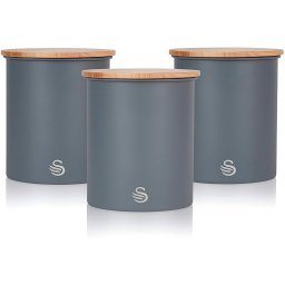 Swan Nordic Juego de 3 Botes Cocina Almacenaje de Acero al Carbono Resistente, Tapa de Bambú, Para Guardar Té, Café y Azúcar, Diseño Moderno, Gris Pizarra