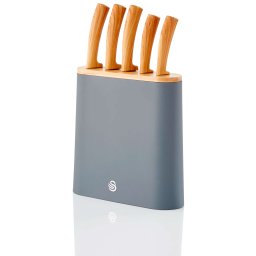 Swan Nordic Tacoma con Juego de 5 Cuchillos de Cocina, Acero Inoxidable, Mangos Ergonómicos Efecto Madera, Cuchillo Cocinero, Pan, Multiusos, Fileteador, Pelador, Soporte para Cuchillos Gris / Bambú