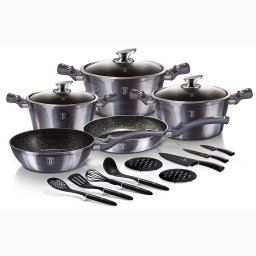 Berlinger Haus Carbon Pro Batería Cocina Inducción 17 Piezas, Antiadherente Mármol sin PFOA, Aluminio, Set 3 Cazuelas, 3 Tapas Cristal, 2 Sartenes, 3 Cuchillos, 4 Utensilios, 2 Salvamanteles, Diseño