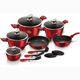 Berlinger Haus Burgundy Batería Cocina Inducción 15 Piezas, Antiadherente Mármol sin PFOA, Aluminio, Set 3 Cazuelas, 4 Tapas Cristal, 1 Cazo, 2 Sartenes, 3 Utensilios, 2 Salva Manteles, Vitrocerámica