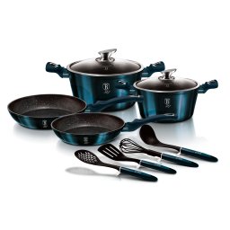 Berlinger Haus Aquamarine Batería Cocina Inducción 10 Piezas, Antiadherente Mármol sin PFOA, Aluminio, Set 2 Cazuelas 2 Tapas Cristal, 2 Sartenes, 4 Utensilios, Diseño Metallic Line, Vitrocerámica