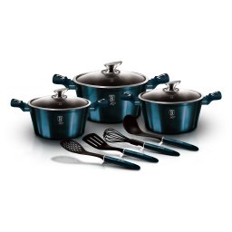 Berlinger Haus Aquamarine Batería Cocina Inducción 10 Piezas, Antiadherente Mármol sin PFOA, Aluminio, Set 3 Cazuelas 3 Tapas Cristal, 4 Utensilios de Cocina, Diseño Metallic Line, Vitrocerámica, Gas